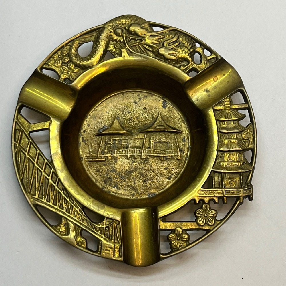 Vintage Brass Ashtray Dragon Pagoda Bridge Cherry Blossom Taiwan 4.75 Inch Round